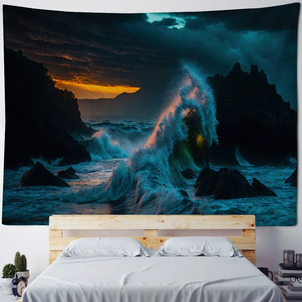 Sea Night Scene Tapestry psychedelic Wave Wall Hanging Hippie Room Background Wall Poster Living Room Home Art Decoration