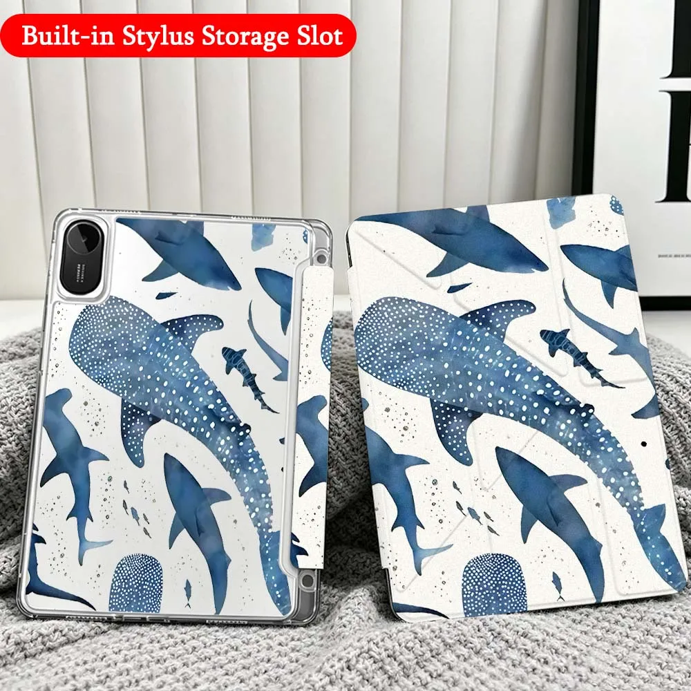 Cartoon shark Case For Xiaomi Redmi Poco Pad 5 6 7 8 Pro SE 11 11.2 12.1 Inch Transparent Y-Shaped Folding Tablet
