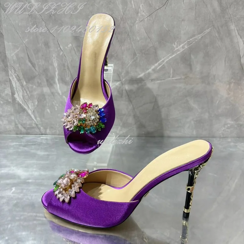 Purple Romantic Satin Gold Trim Sandals Women Open Crystal Pendant Sandals Summer Dress Agate Heel Design Girl Elegant Slippers