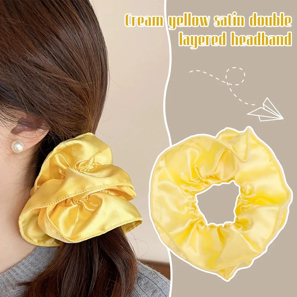 

Cream Yellow Satin Large Size Scrunchie Women's Premium Korean Double Pleated Hair Cord Headstring Hair Accessories