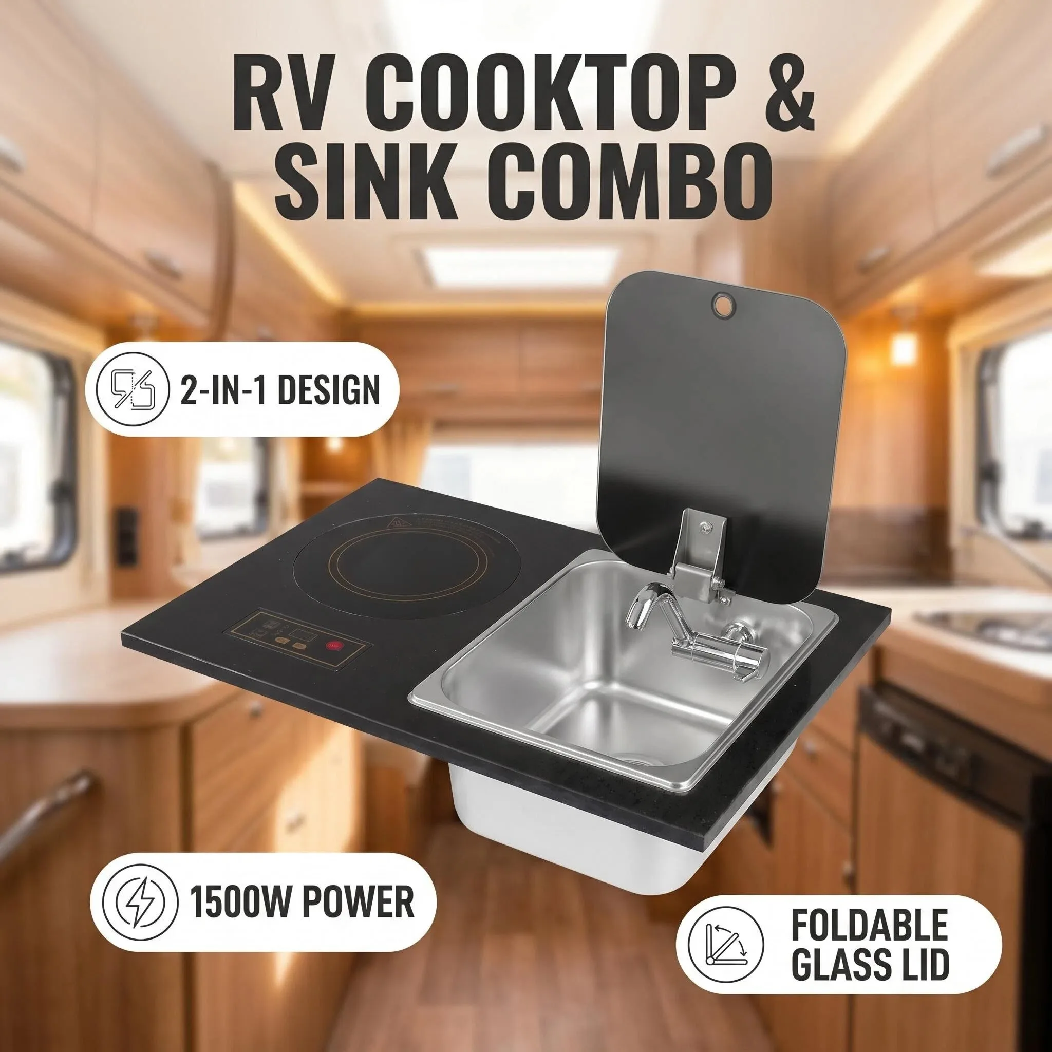 Compact Design Durable Modern SS304 Stainless Steel RV Sink With Induction Cooker Combi For Vehicle RV Marine Use