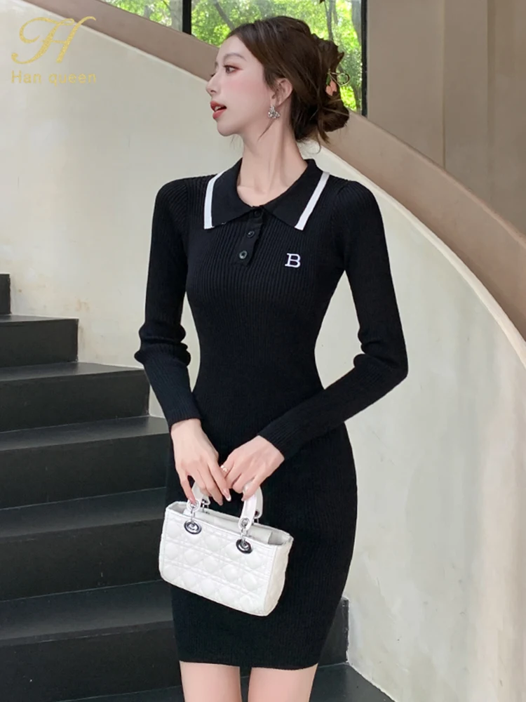 H Han Queen Women Dress Sexy Package Hips Elastic Bodycon Dresses Autumn Winter Fashion Lady Knitted Party Vestidos Sundress