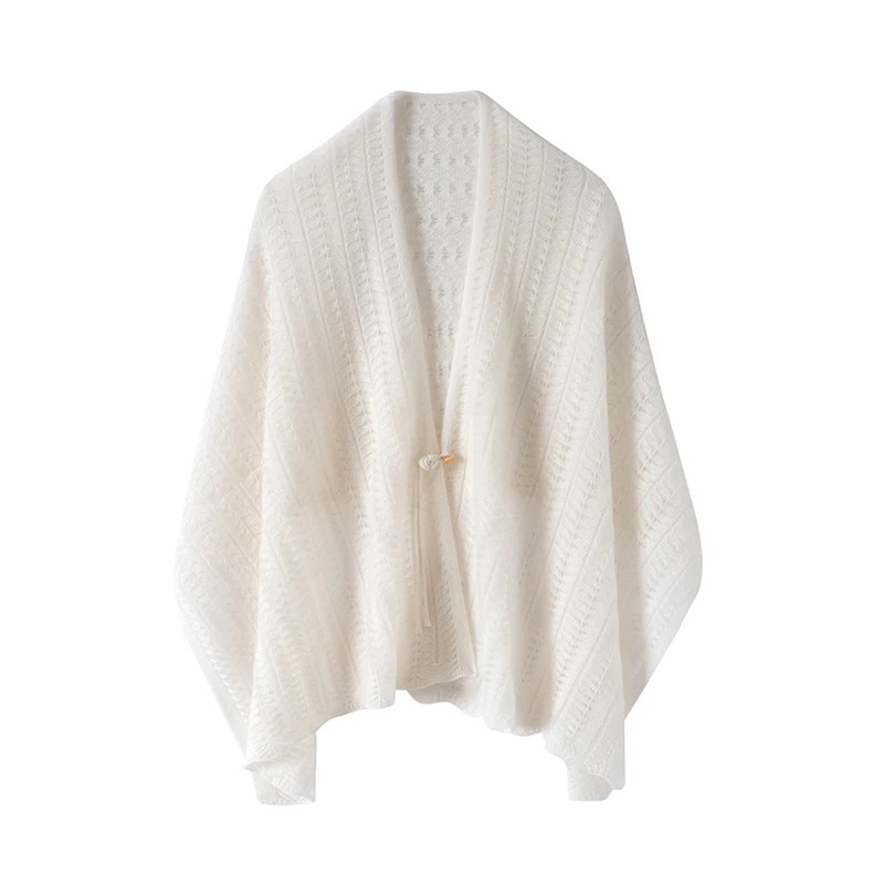 

Women Cashmere Sweater Scarf Hollow Out Cardigan Spring Autumn Winter button-and-loop Shawl Soft 100% Cashmere Knitwear Top