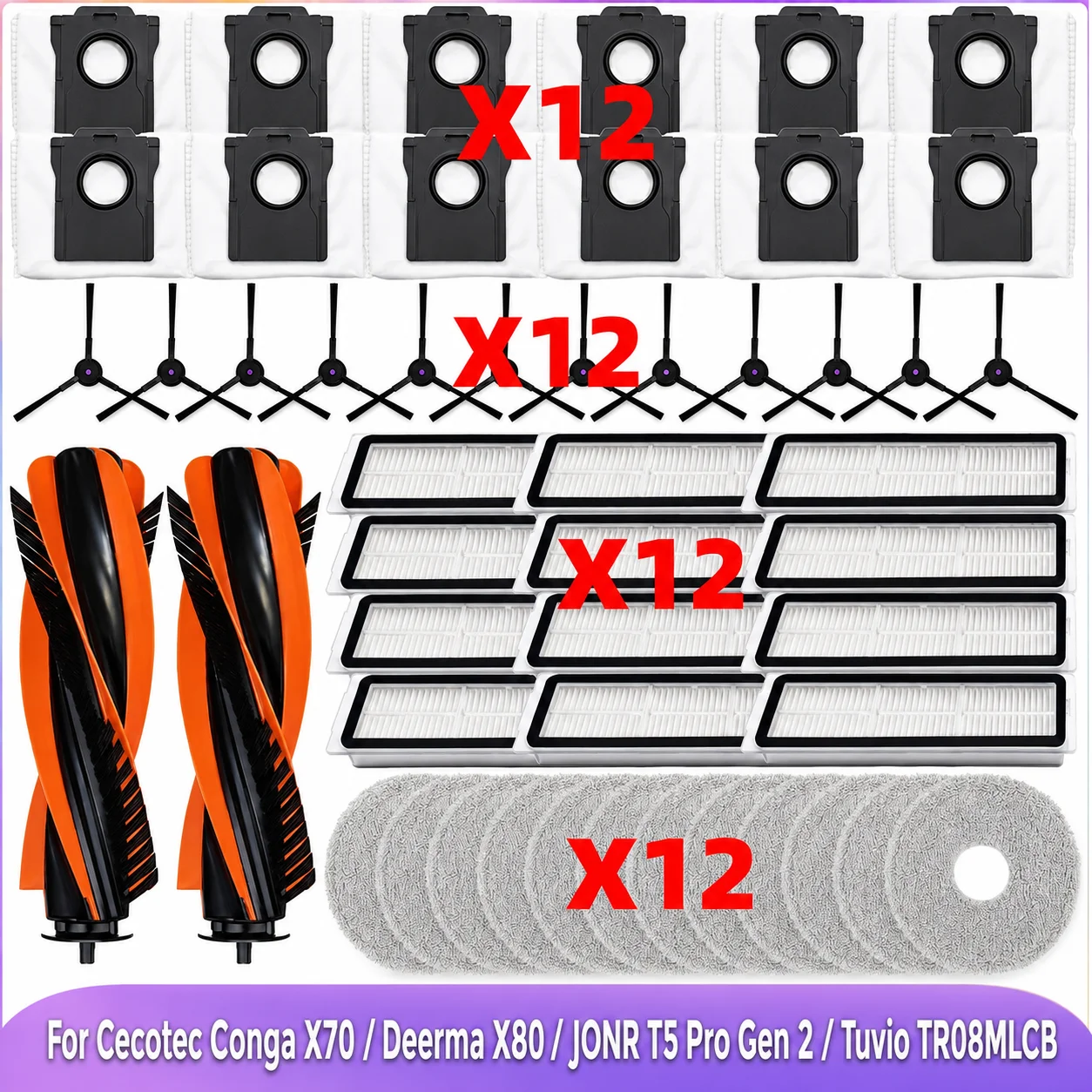 Fit For Cecotec Conga X70 / Deerma X80 / JONR T5 Pro Gen 2/ Tuvio TR08MLCB Parts Main Side Brush Dust Bag Filter Mop Cloth