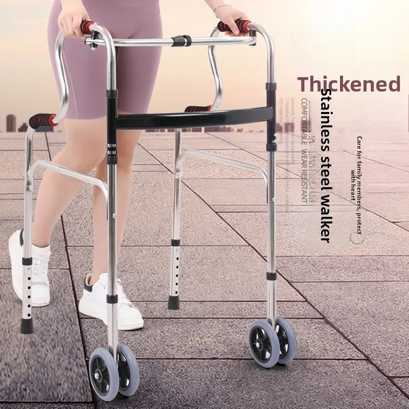 

Stainless Steel Folding Walker with Wheels, Heavy-Duty Rehabilitation Walking Aid for Elderly or Disabled 300lb Load Capacity