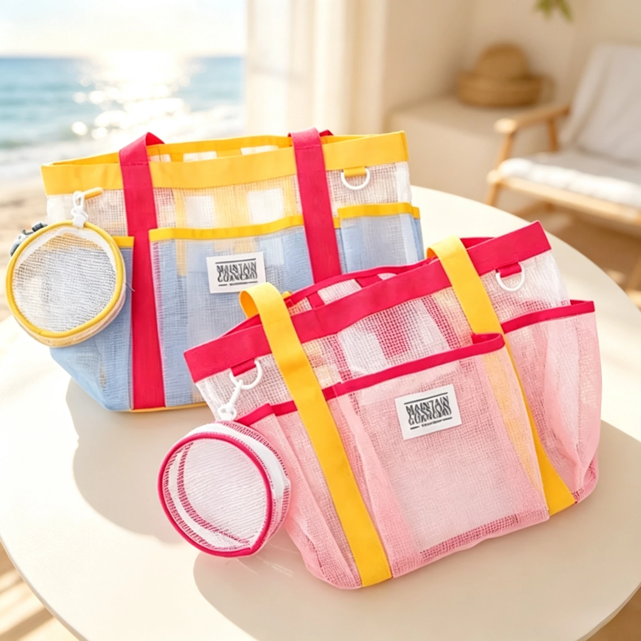 Breathable Mesh Contrast Color Tote Bag, Ins Fashion Multi Pocket Summer Shoulder Bag Portable Beach Handbag