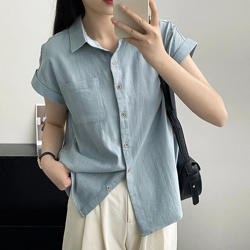 

All Match Short Sleeve Office Shirt Ladies Summer Single Breasted Chiffon Shirts Women Korean Solid Color Pocket Blouse Woman