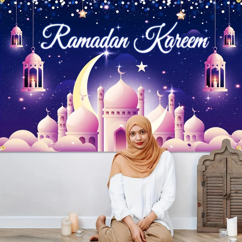 VIKAMA Ramadan Kareem Party Backdrop With Mosque And Lanterns For Eid Festival Celebrations and Photo Booth Background
