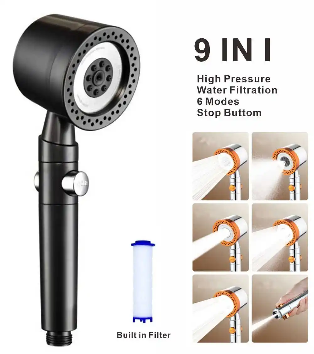 New Large Panel Black High Pressure Shower Head 6 Modes 9 IN 1 Spray with Filter Rain SPA Shower Faucet Bathroom Accessories