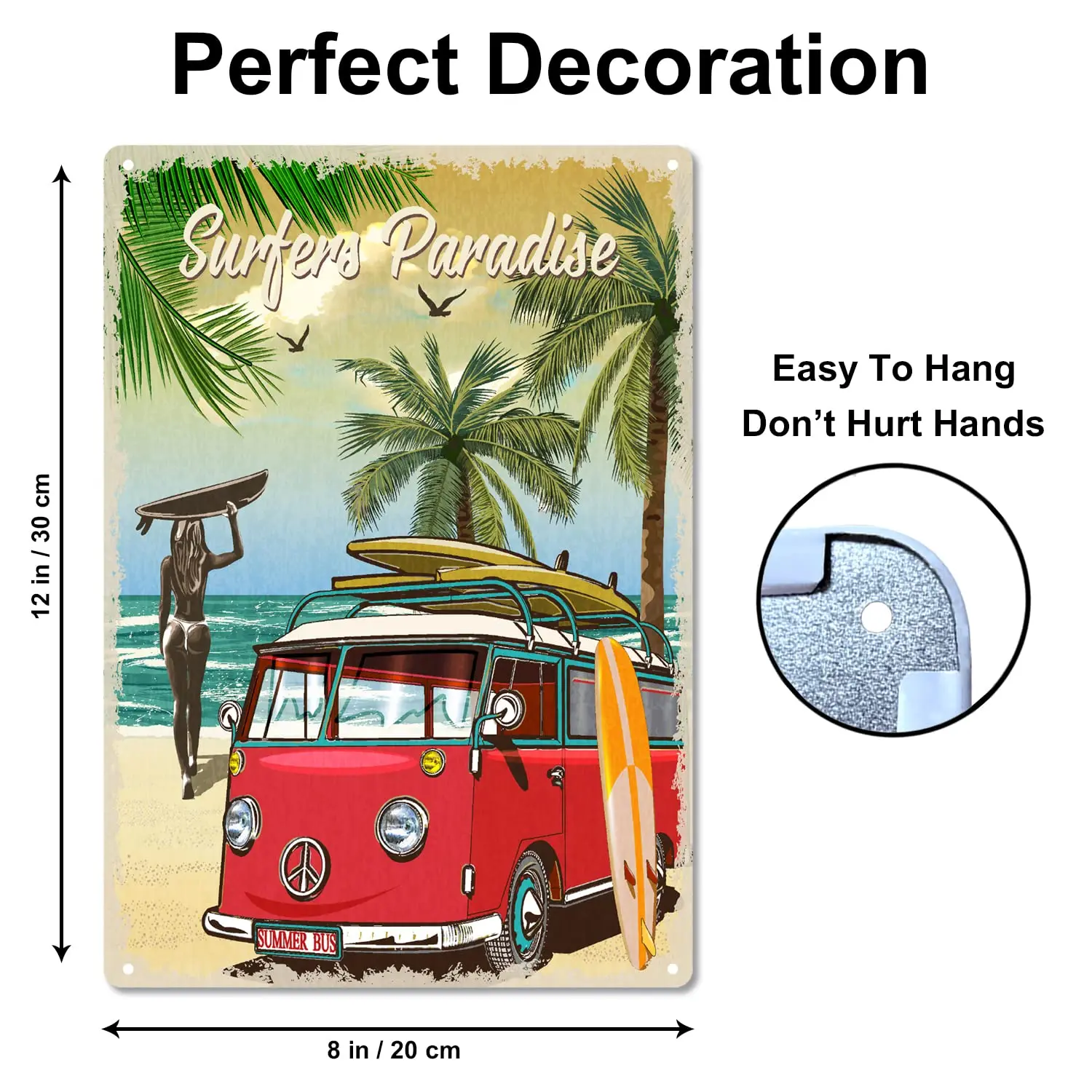 HUIXIA Surfers Paradise Tin Sign, Beach Surfer Lover Bus Sea Vintage Metal Tin Signs For Men Woman, Quotes Plaque Wall Decor For