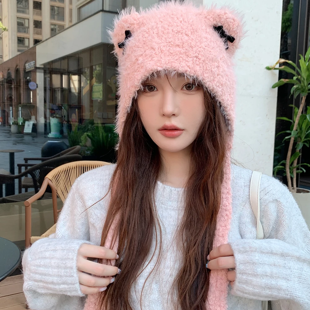 

Plush Ears Protection Hats Women Cute Cat Ear Bow Lei Feng Hat Autumn And Winter Warm Knitted Wool Pullover Caps