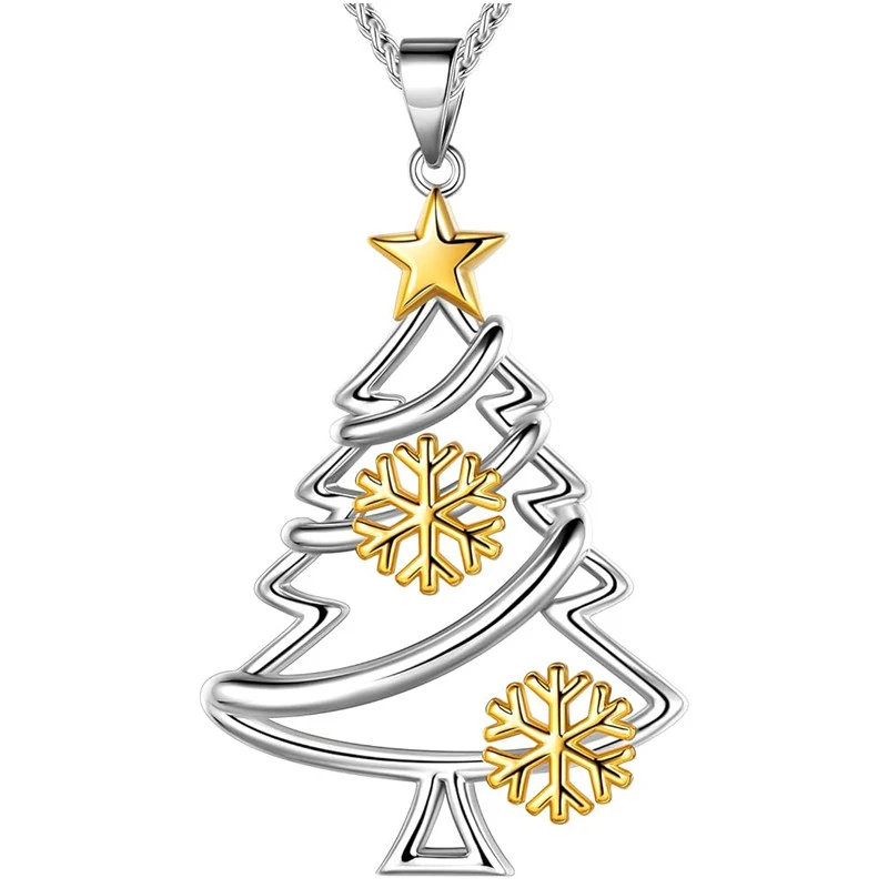 Huitan Unique Two-tone Christmas Tree Necklace for Women Dainty Snowflake Star Ear Accessory Chic Luxury Opulent Holiday Jewelry