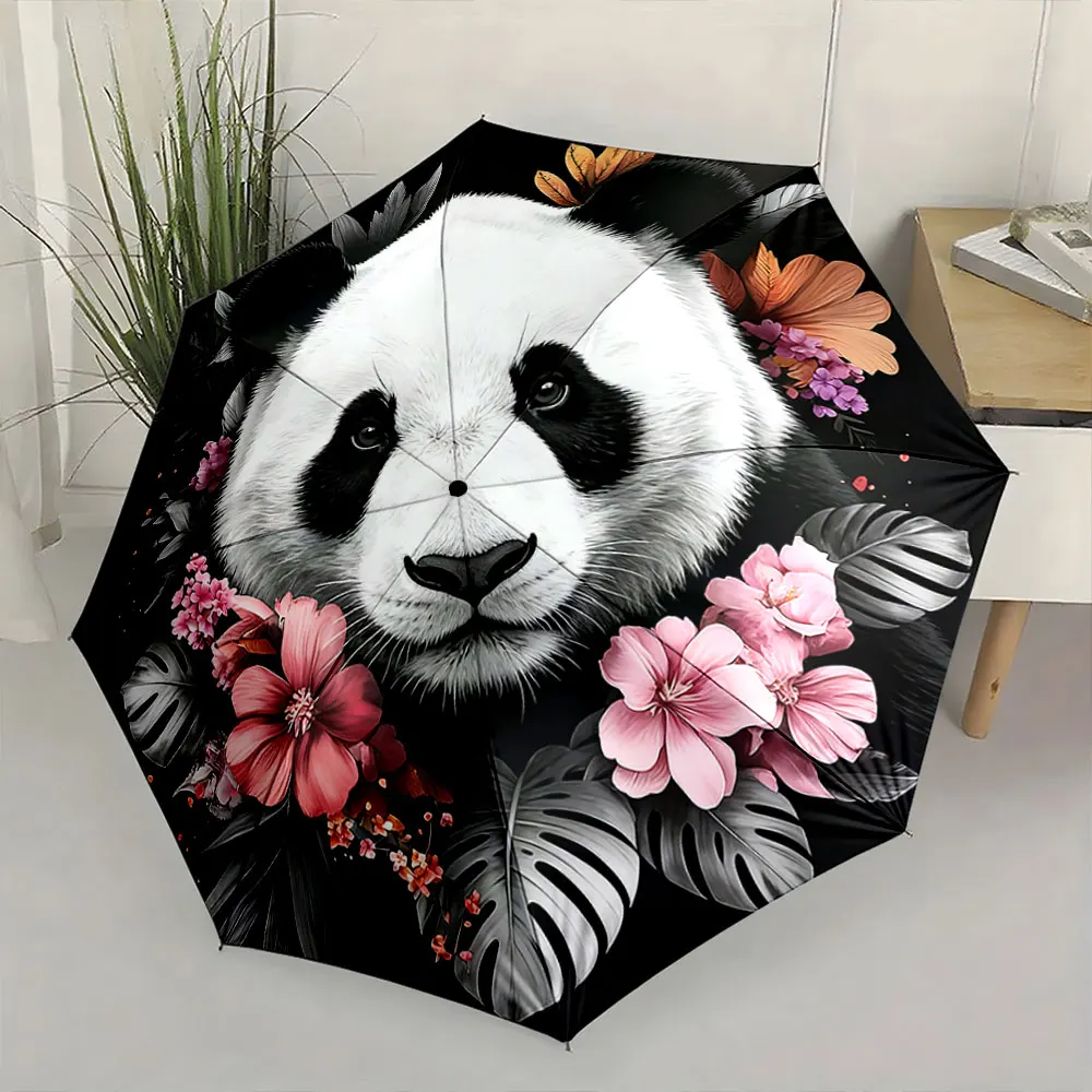 1PC Floral Panda Umbrella: A Delightful Blend of Art and Nature Print 8 Iron Ribs Folding Umbrella Auto-Open Fashion Sunshade
