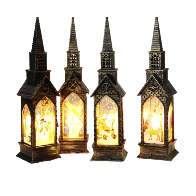 4pcs Glowing Christmas Church House Miniature Figurine for Festivals Enhancement