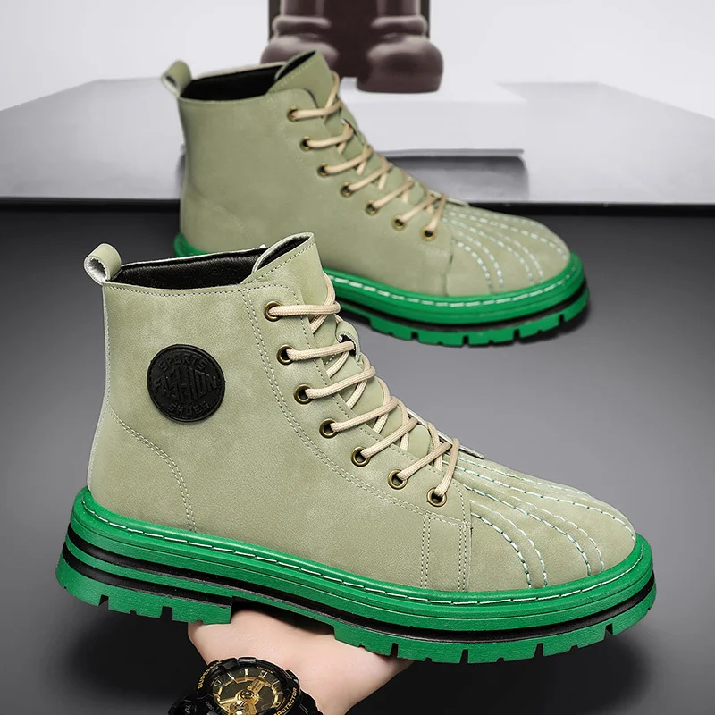 

2024 Fashion Green Men's Tooling Boots High Top Lace-up Men's Boots Comfortable Round-Toe Ankle boots For Men botas para hombre