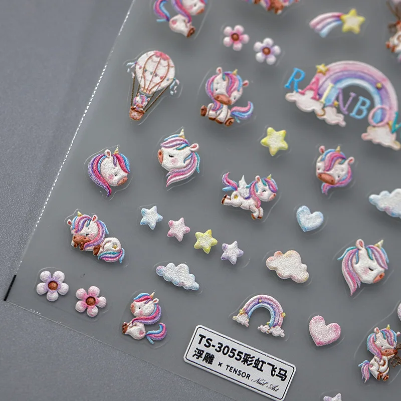 Fantasy Cartoon Cute Unicorn Rainbow Star Heart Cloud 5D Soft Embossed Relief Self Adhesive Nail Art Sticker 3D Manicure Decals