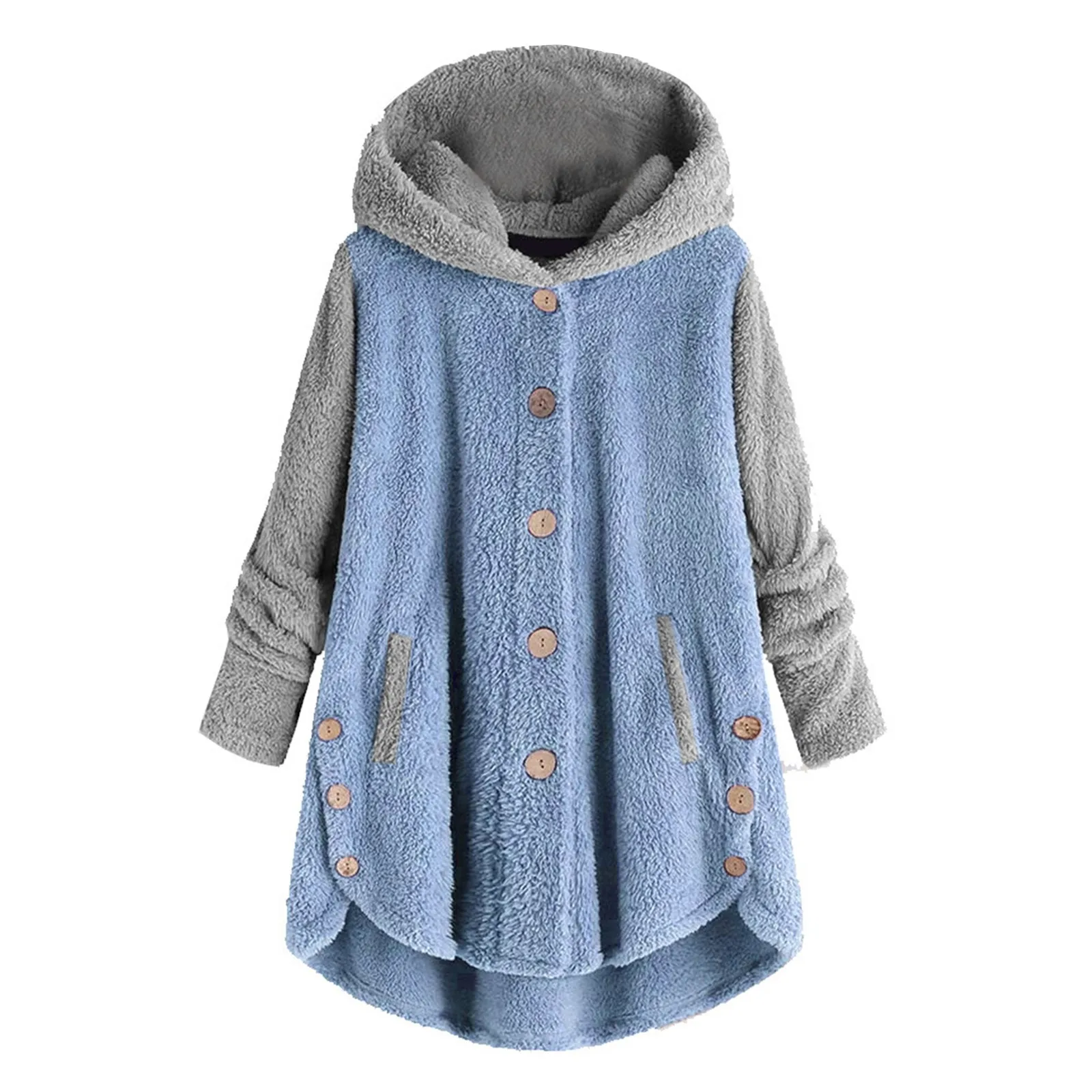 

Women's Autumn Winter Hooded Pplush Pajamas Color-block Button-down Long-sleeved Plush Jacket Coat Fleece Warm Home Clothes