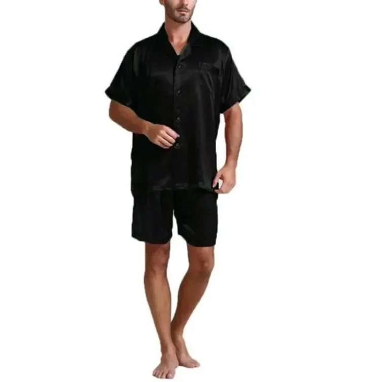 Satin Suits Nightwear Sleeve Summer Fahion Sets Men Short Sleepwear Pajamas Tops+pants 2Pcs Silk Homewear