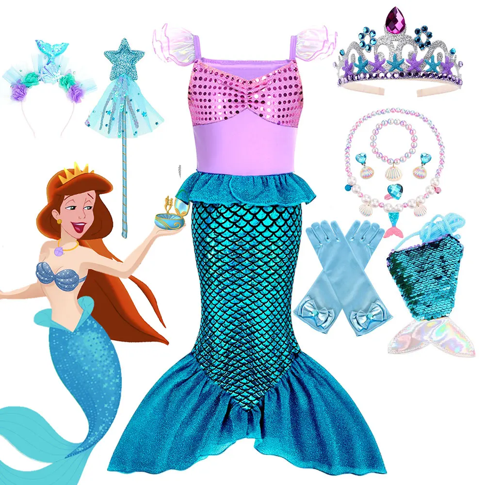 HOT Summer Little Mermaid Costume Soft Princess Dress for Girls Disney Ariel Cosplay 2024 Kid Party Siren Frock Halloween Attire