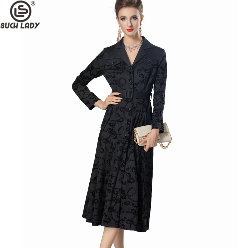 

Women's Runway Trech Dresses Notched Collar Long Sleeves Printed Single Breasted Elegant Fashion Vestidos Outerwear