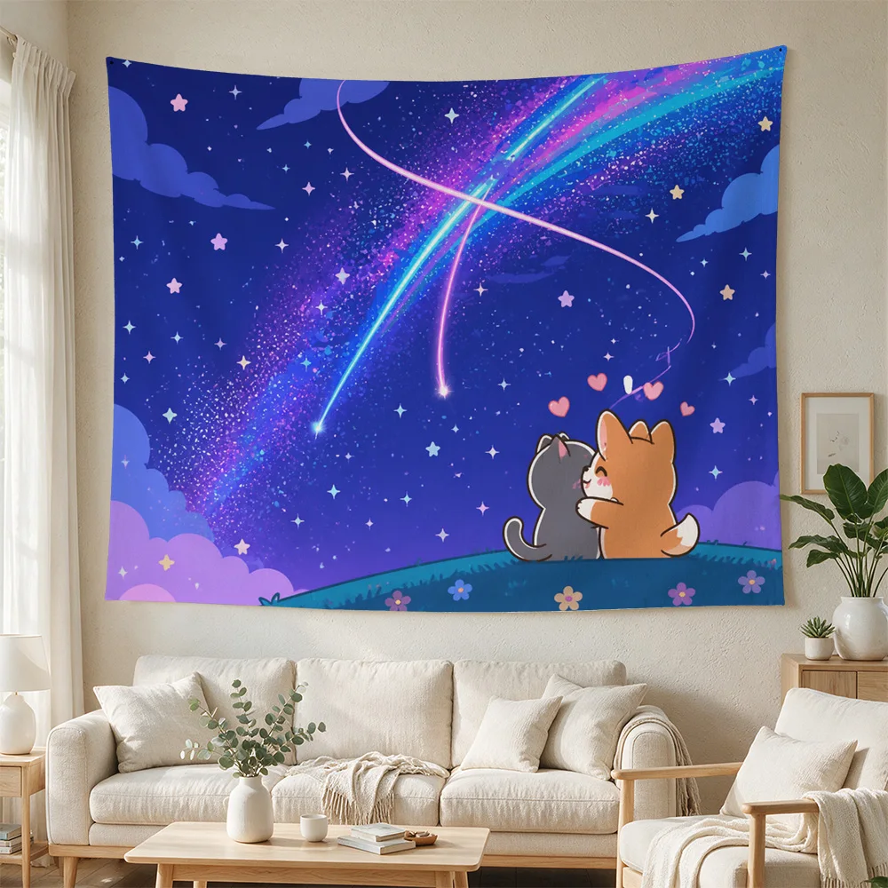 Dreamy Galaxy Constellation Night Sky Tapestry Cute Animals Stars Aurora Borealis Bedroom Wall Decor