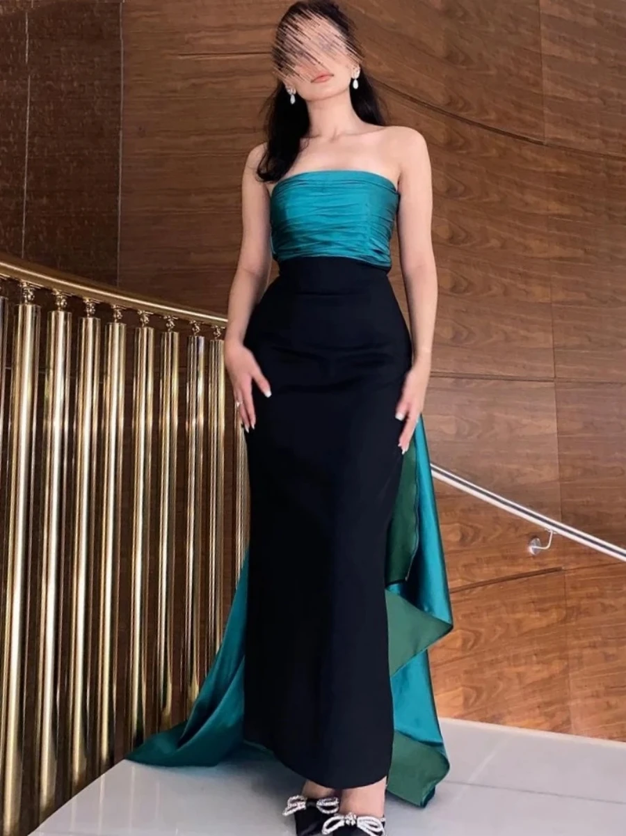 

2023 Satin Tail Evening Dresses Luxurious Sleeveless Floor Length Formal Occasion Party Gown Column Plus Women Sexy Prom Gown