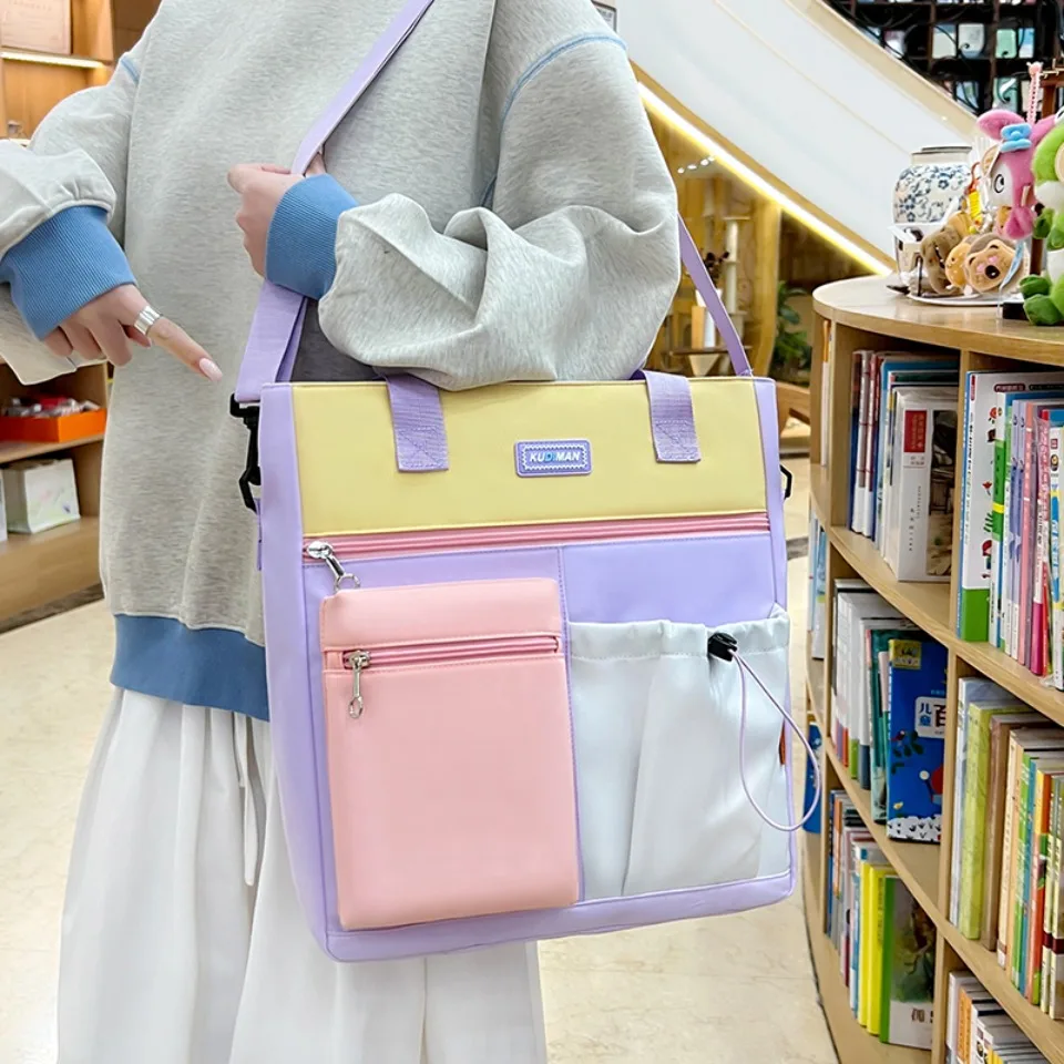 Kawaii Style Color Block Student Crossbody Bag Nylon Large Capacity Waterproof Multi-Pocket School Tote Shoulder Bag for Girls