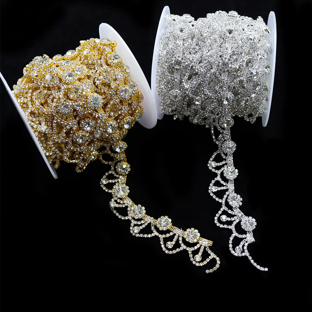 Rhinestone Lace Trim Pattern Chain DIY Bridal Headpiece & Wedding Dress Embellishment Sparkling Beaded Edge for Stage Costumes