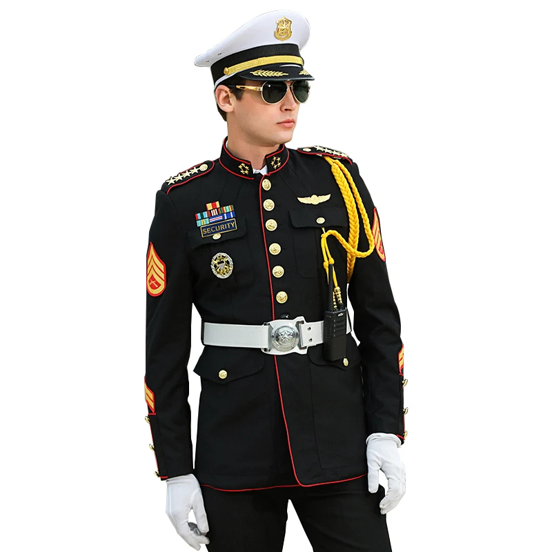 Security Guard Uniform Property Doorman Single-breasted Mandarin Collar Black Concierge Jacket Pants Hat Ribbon Captain Uniforms