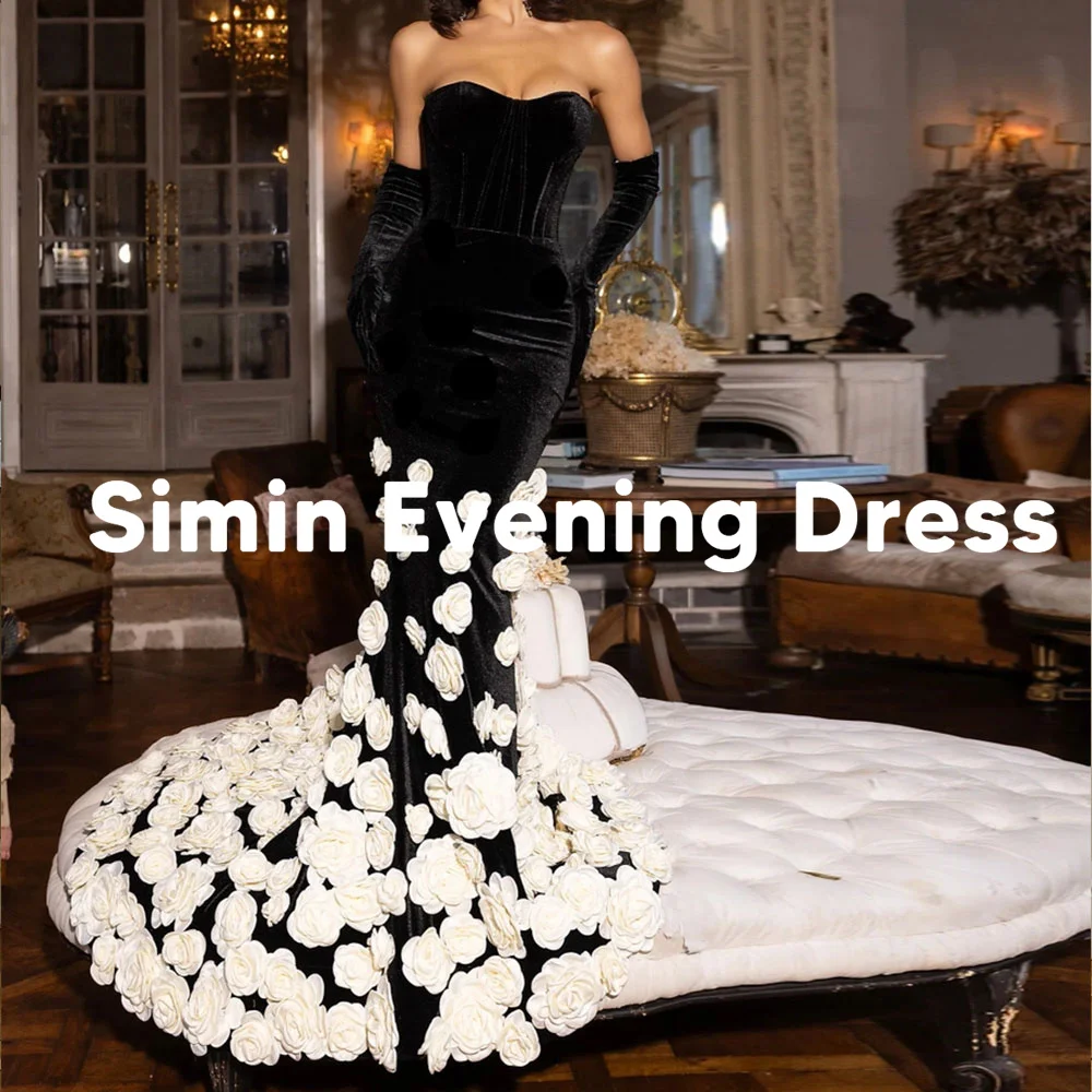

Simin Women's Velour Strapless 3D Flowers Mermaid Draped Saudi Evening Dress Sleeveless With Long Gloves Elegant Dresses 2025