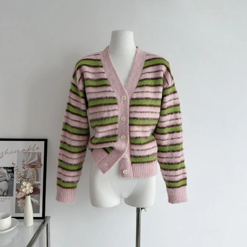 Korean Stripes Chic Cardigan Women's Aesthetic Sweet Girly Sweater Knitted Button Cardigan Women New Tops