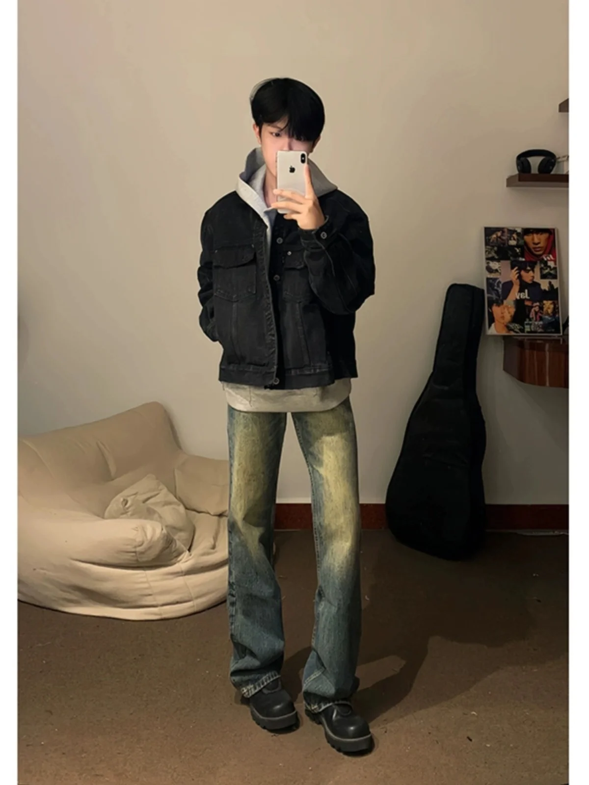 

American Sle adual Wa Blue Jeans Men's High Elastici Slim Fit Straight Leg Micro Flared Pants Youth Trend Winter Warm