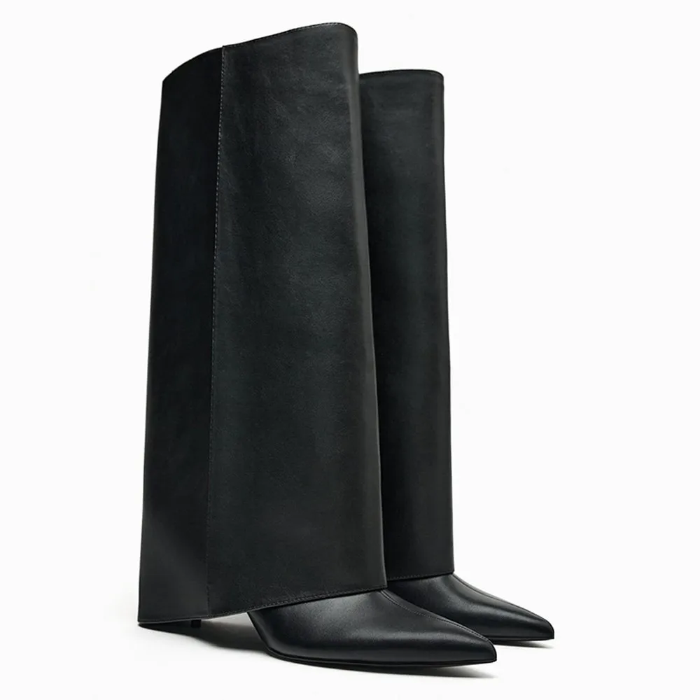 

FWRD Women's Black Leather Pointed Toe Trouser Style Knee High Boots, Elegant Comfortable Winter Wear #FWRD000362