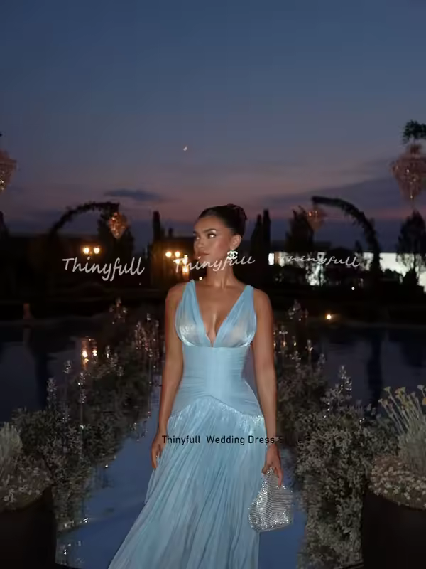 Thinyfull A-line Shiny Satin Arab Prom Dresses V-neck Sleeveless Evening Party Gown Dubai Long Dress robes de soirée Customized - Image 3