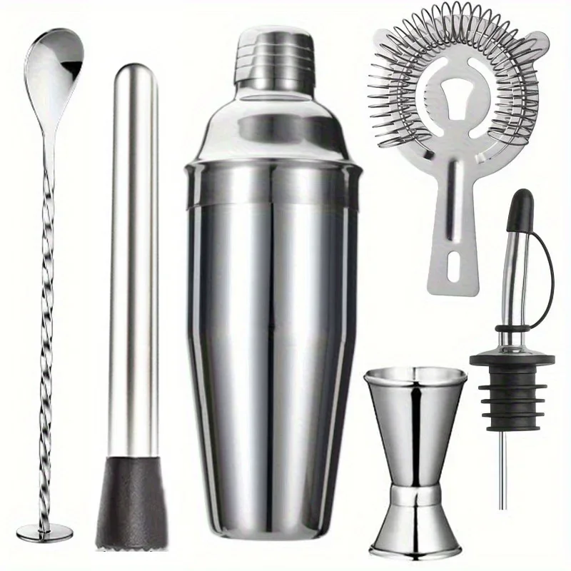 Stainless Steel Cocktail Shaker Set with 750ml Mixing Glass, Strainer, Muddler, Mixing Spoon, Pour Spout, for Home Bar
