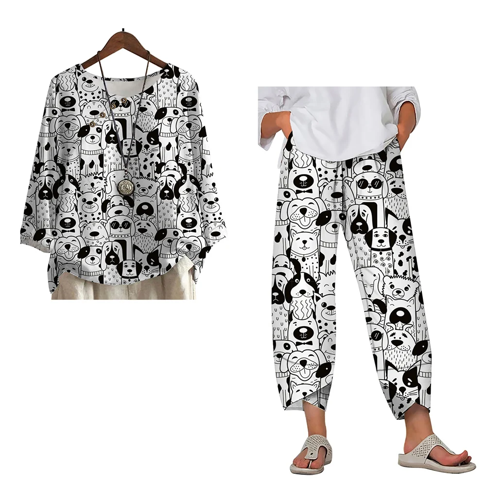 CLOOCL Kawaii Women T-shirt Pants Cartoon Puppy Printed Two Piece Suits Loose Casual Ankle-Length Trousers Fashion Blouse