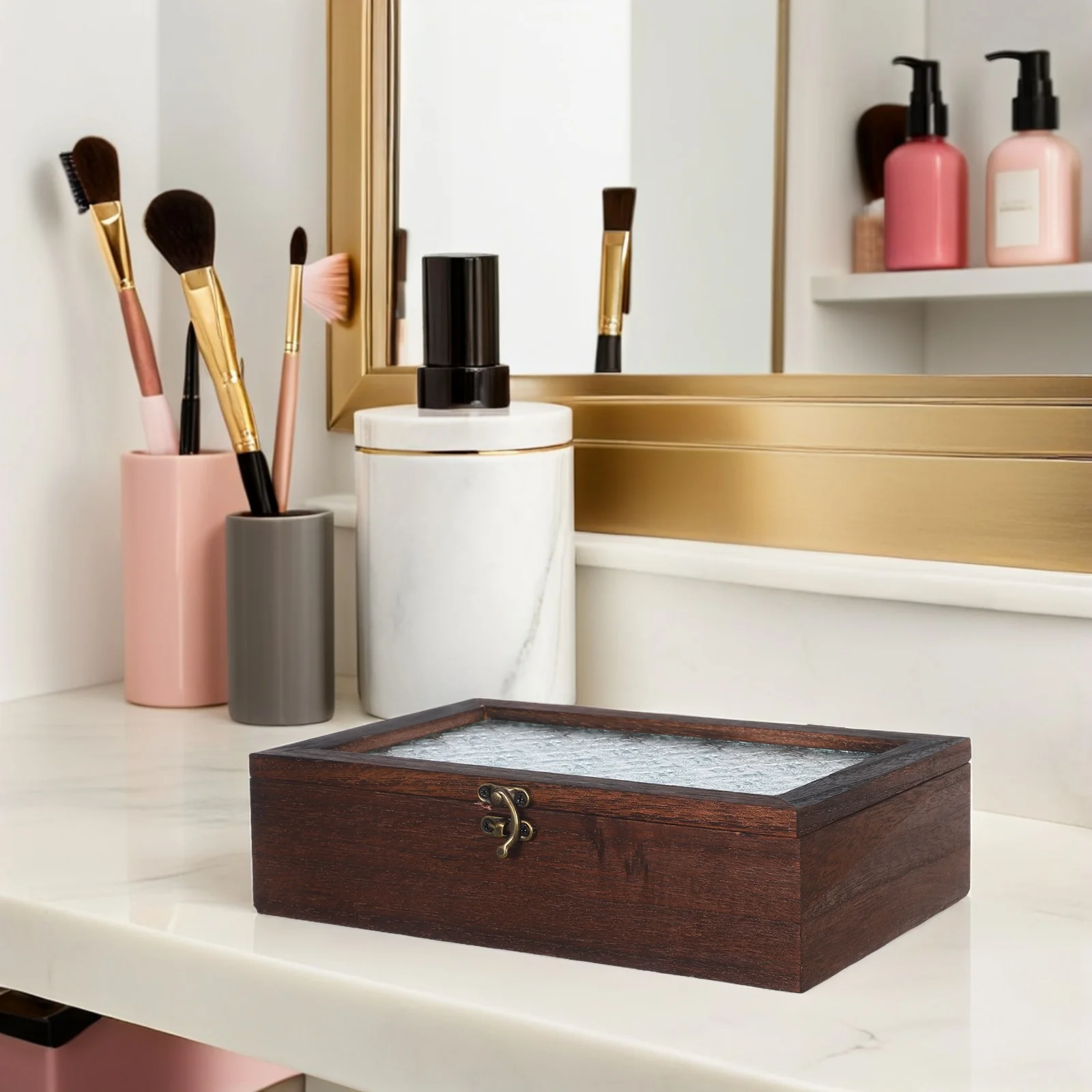 

Wooden Vintage Jewelry Organizer Box Glass Top Display Case Keepsake Storage for Watch Necklace Bracelet Tea Organizer Box