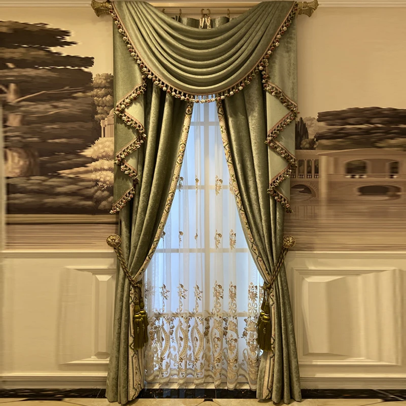 Custom Fantastic French luxury living room bedroom dark green shading cloth valance blackout curtain tulle drape C2011