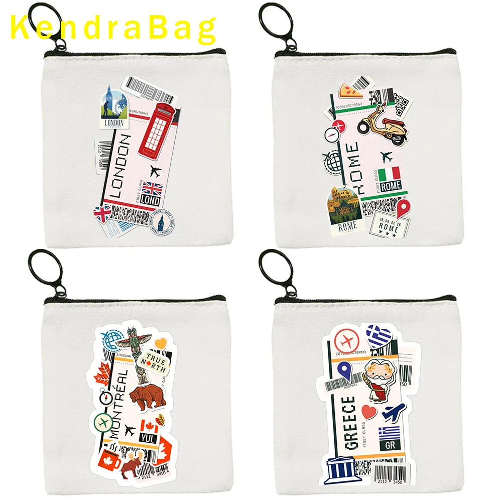 Greece Seattle Santiago Kiev Manchester Hannover Rome Key Coin Purse Pouch Athens Ticket Boarding Pass Canvas Bags Wallet Gifts