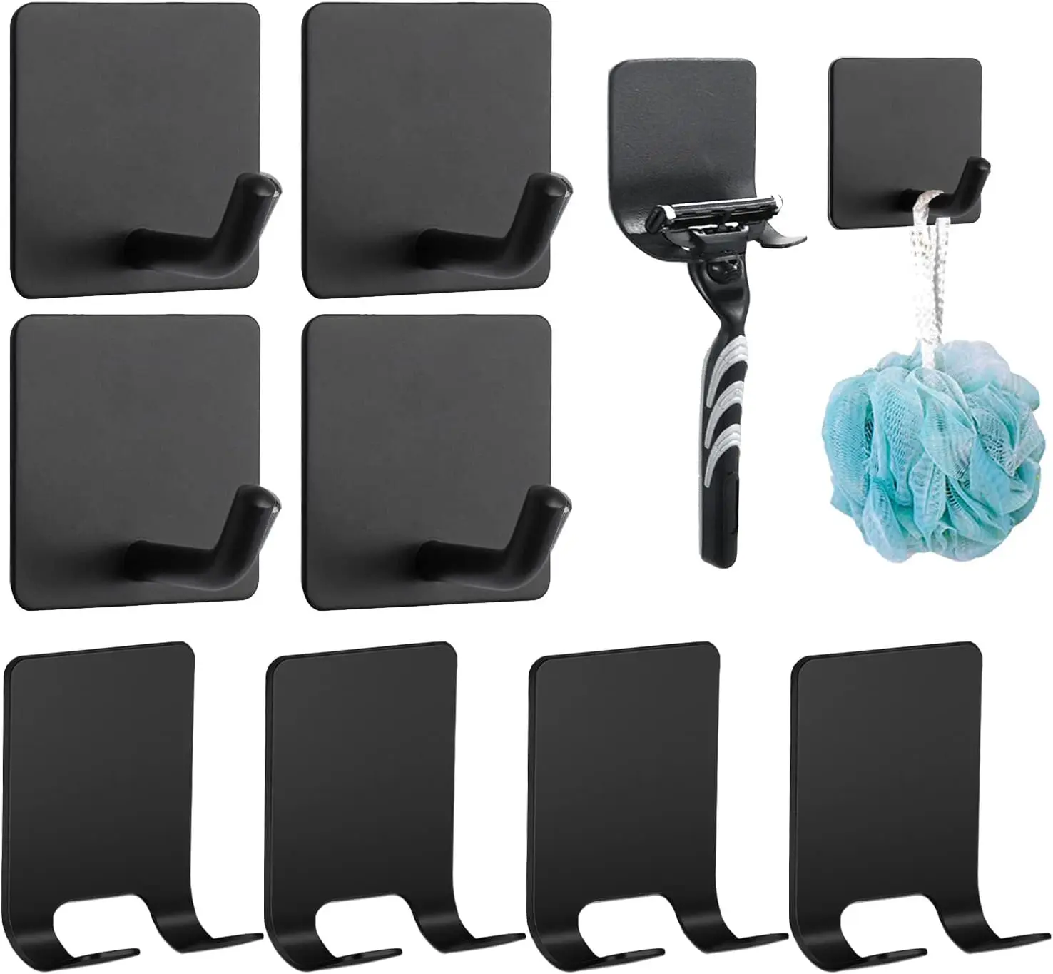 

8 Pack Adhesive Hooks - 4 Razor Holders & 4 Heavy Duty Sticky Hooks for Hanging Towels, Loofah, Coat, Hat in Bathroom