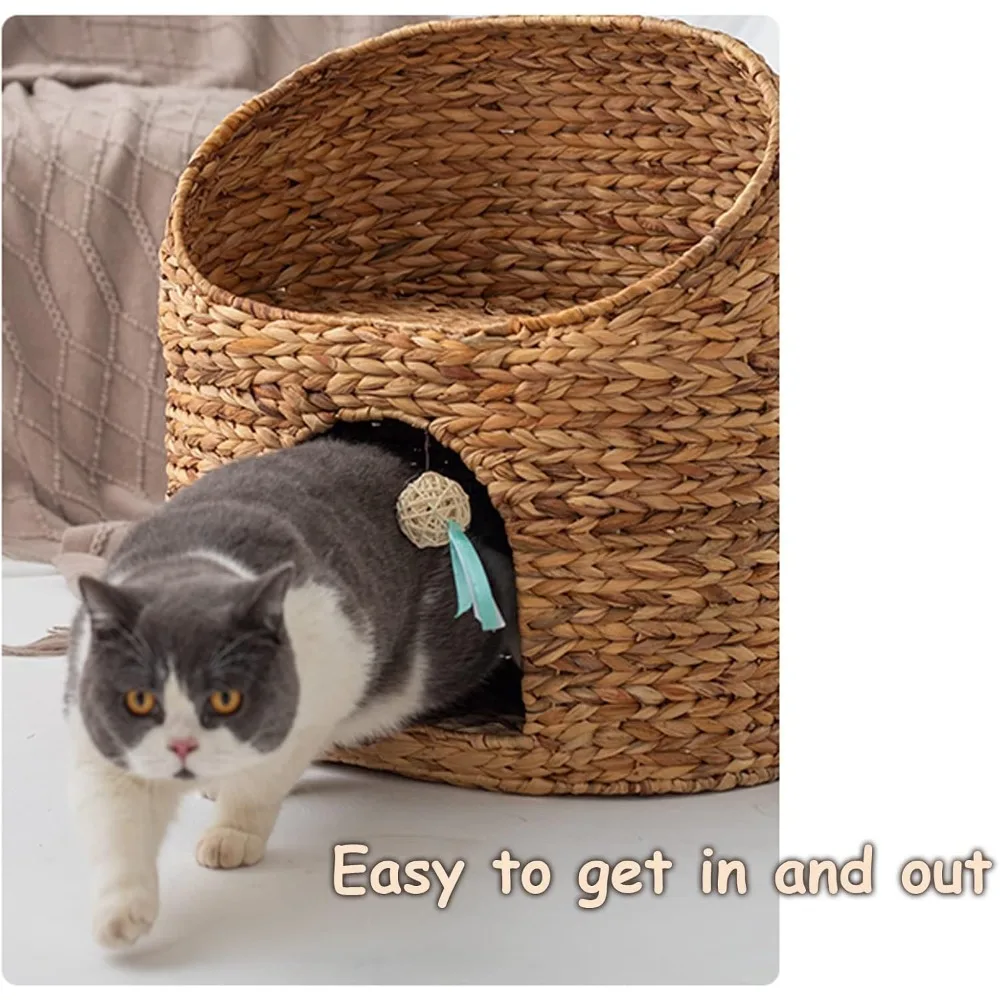 سرير للقطط من الخيزران الطبيعي، سرير كهف للقطط مصنوع يدويًا بطابقين، مثالي للقطط والقطط الداخلية بتصميم مضفر