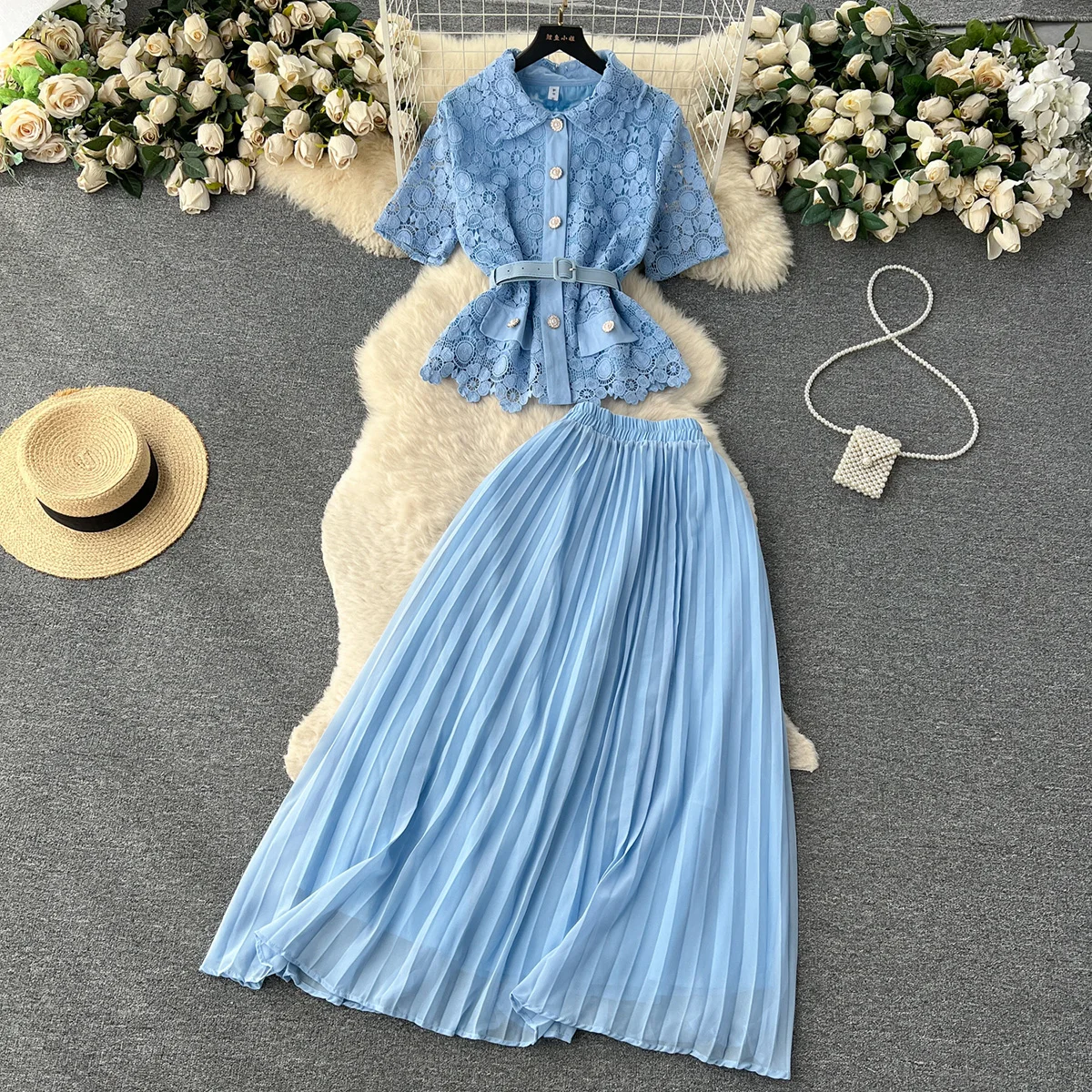 Croysier Vintage Elegant Office Matching Sets Short Sleeve Belted Openwork Lace Shirt And Long Pleated Skirt Sets Womens 2 Piece