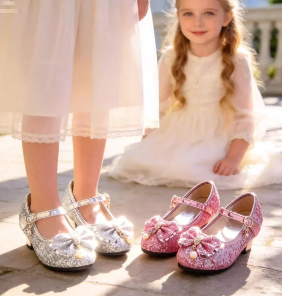 New Children Bowknot Shoes Girls High Heel Princess Dance Sandals for Girls Glitter Soft Leather Fashion Party Dress Wedding Sho