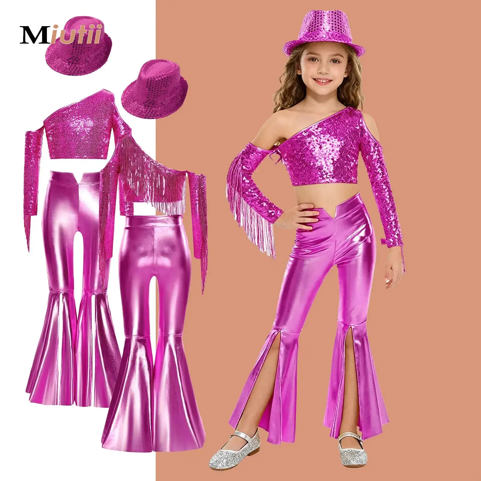 

Metallic 70S Disco Vintage Hippie Costume Outfits for Kids Girl Sequins Crop Top+Bell Bottom Pants+Cowgirl Hat Jazz Dancewear