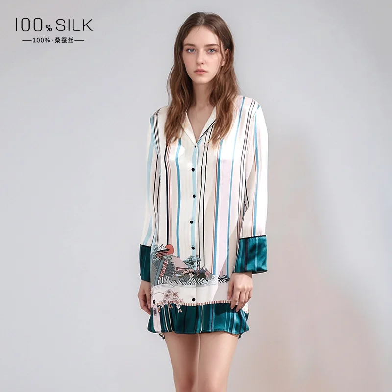 

19MM 100% Natural Silk Women's Sexy Pajamas Shirt Nightgown Printed Sleeping Dress Button Down Nightshirt Lapel Sleepshirt Dress