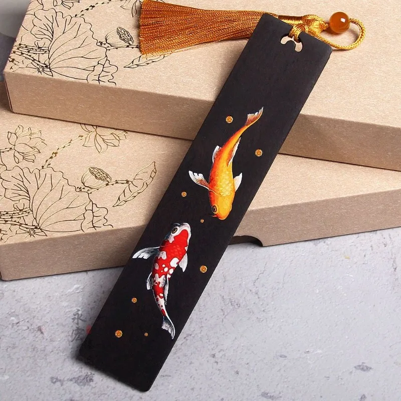 

Premium Vintage Painted Koi Fish Black Sandalwood Bookmarks for Books Gift Box Set for Teachers Students