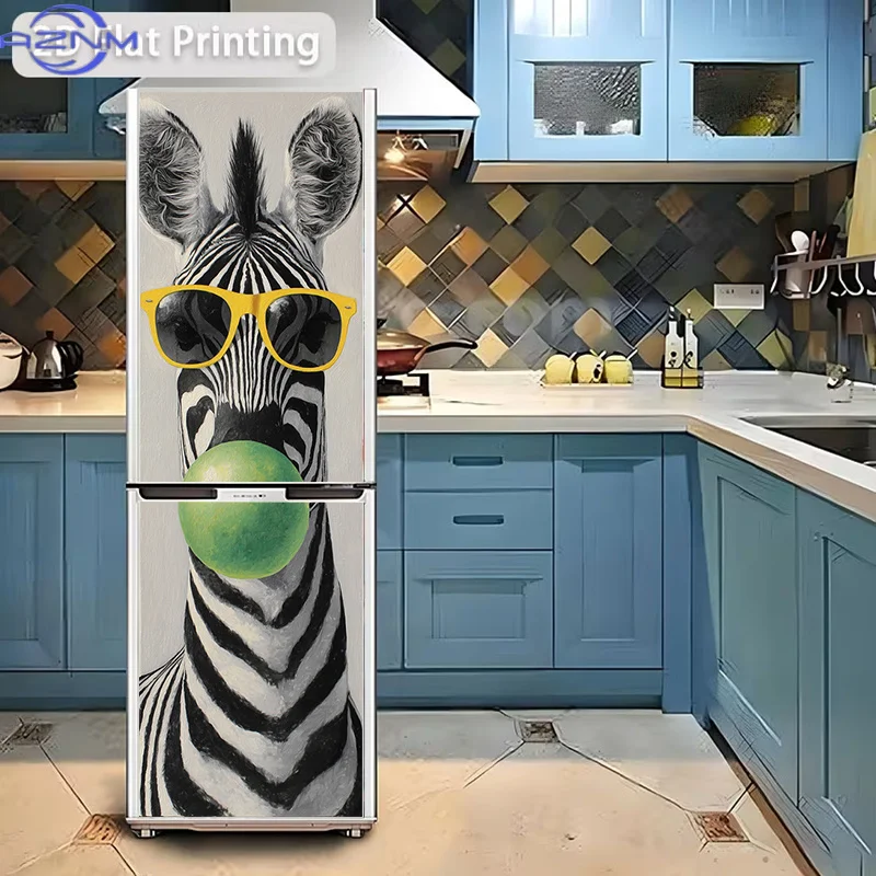 2D Pattern Printed Refrigerator Sticker, , Zebra Blowing Bubble Gum Wearing Fashion Glasses, Wall Decal Decorative Wallpaper W