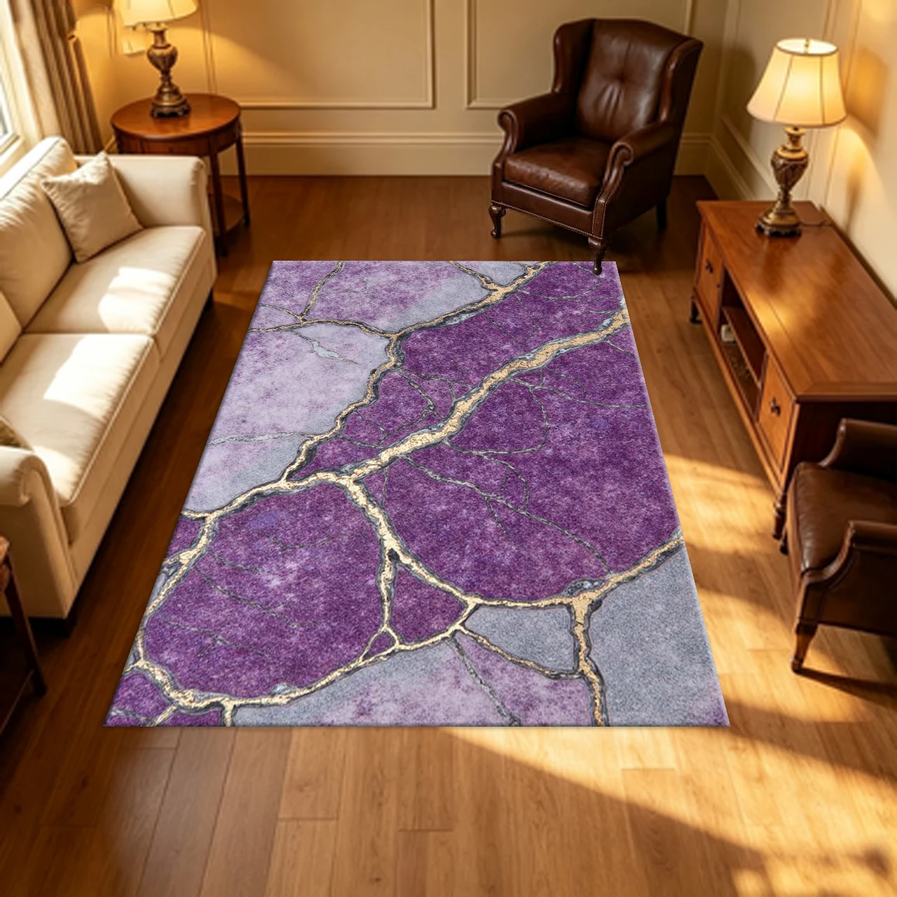Purple Marble Texture with Golden Kintsugi Veins Carpet Flooring Luxury Abstract Art Household Indoor Decor Area Rug