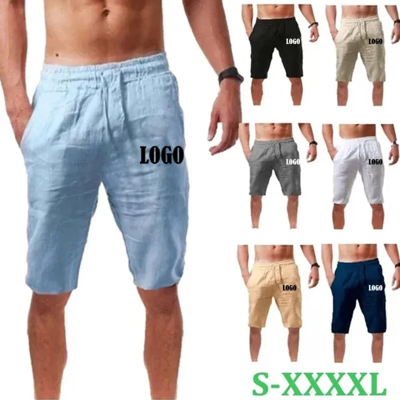Summer Men\'s Customize Cotton Linen Shorts Fashion Design Your Logo Breathable Korean Short Pant Casual Loose Seaside Trousers