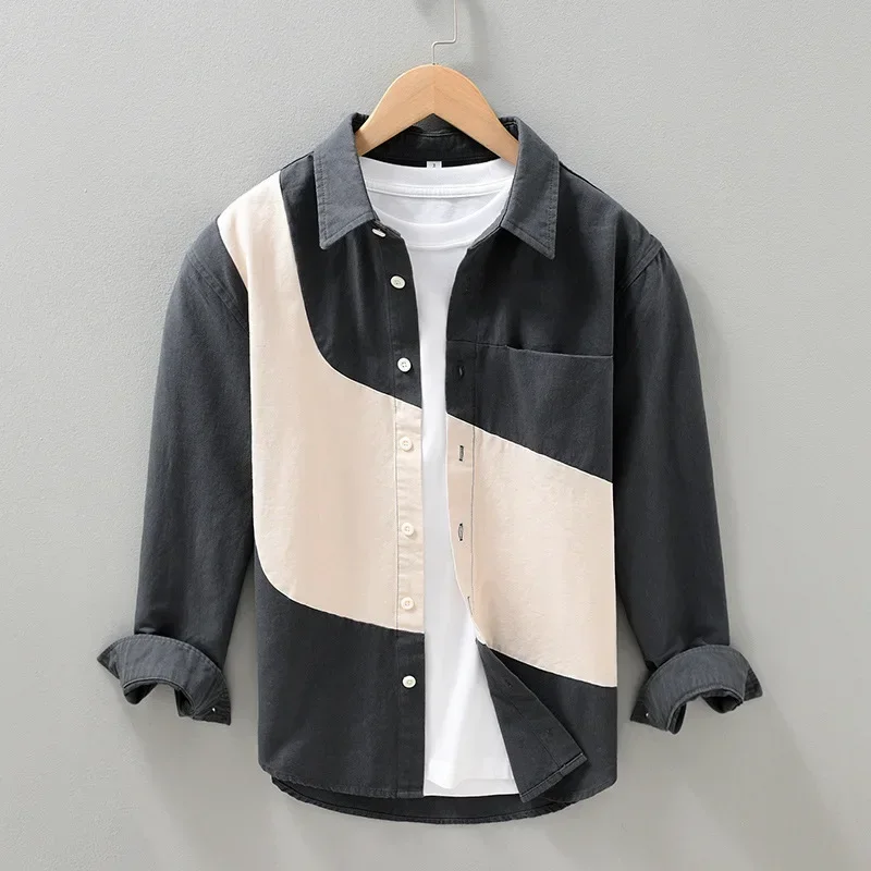 

2024 Spring New Casual Patchwork Shirt for Men Cotton Long Sleeve Shirts Fashion Men Clothing Oversize